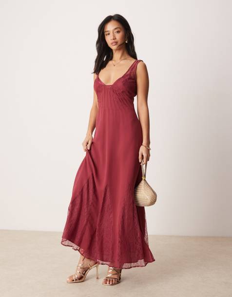 ASOS DESIGN Petite lace and chiffon maxi dress with godets in raspberry