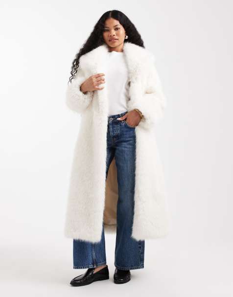 ASOS DESIGN Petite - Manteau long à ceinture en fausse fourrure - Crème - view 1