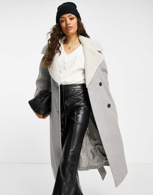 ASOS DESIGN Petite – Mantel mit Gürtel und Teddyfell-Kragen in Grau, 4 von 4