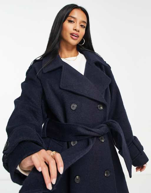 ASOS DESIGN Petite – Marinblå, borstad, fin trenchcoat i oversize och yllemix, 3 av 4