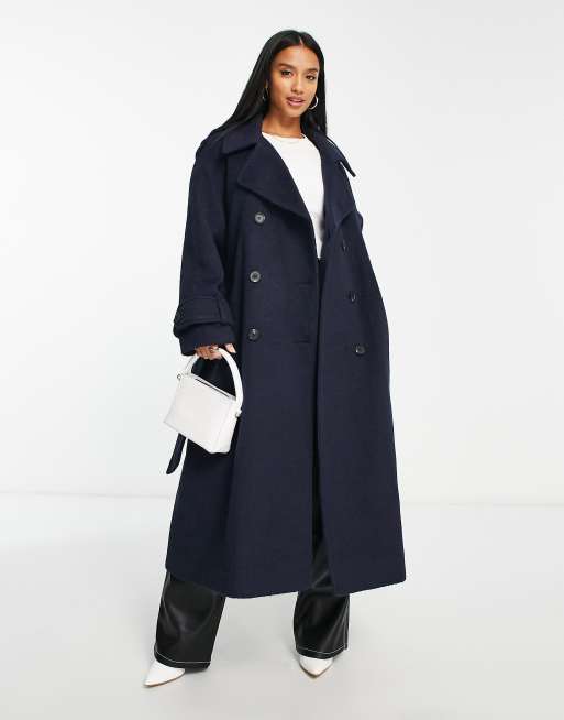 ASOS DESIGN Petite – Marinblå, borstad, fin trenchcoat i oversize och yllemix, 4 av 4