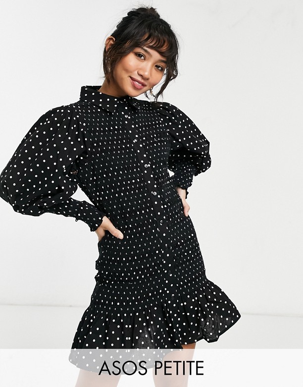 ASOS DESIGN Petite – Marszczona sukienka koszulowa mini w groszki Nadruk w kropki Klasyczny 