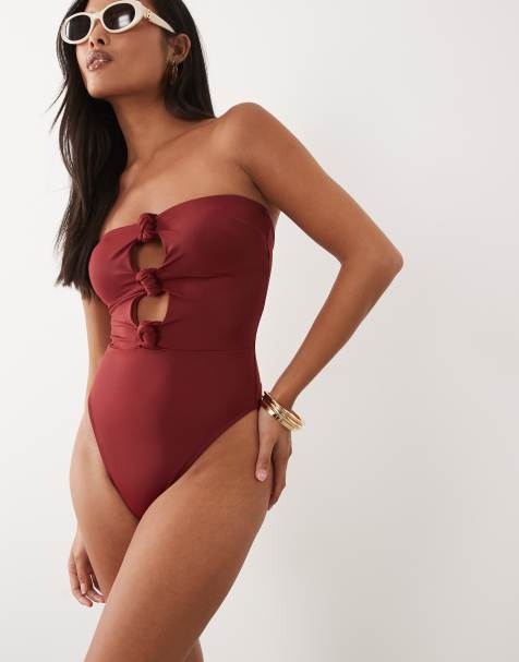 ASOS DESIGN Petite - Martina - Costume da bagno bordeaux con nodo - view 1