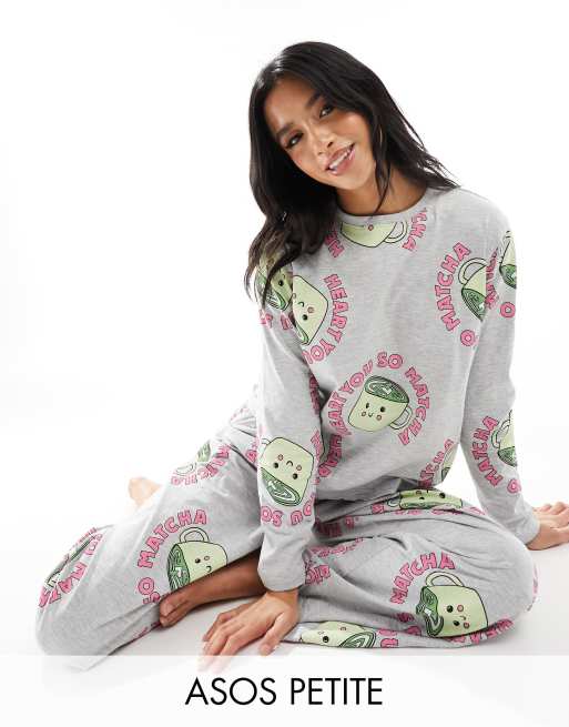 ASOS DESIGN Petite matcha long sleeve top & pants pajama set in gray heather