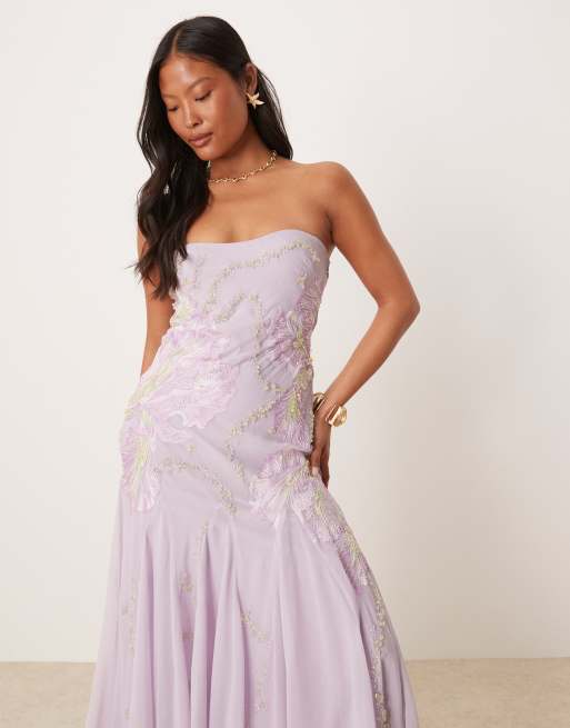 ASOS DESIGN Petite - Maxi bandeau-jurk met bloemenversiering in lavendel, 3 van 4