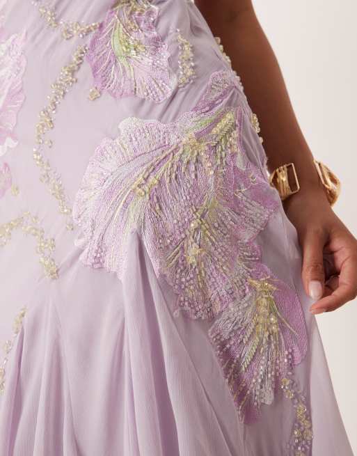 ASOS DESIGN Petite - Maxi bandeau-jurk met bloemenversiering in lavendel, 4 van 4