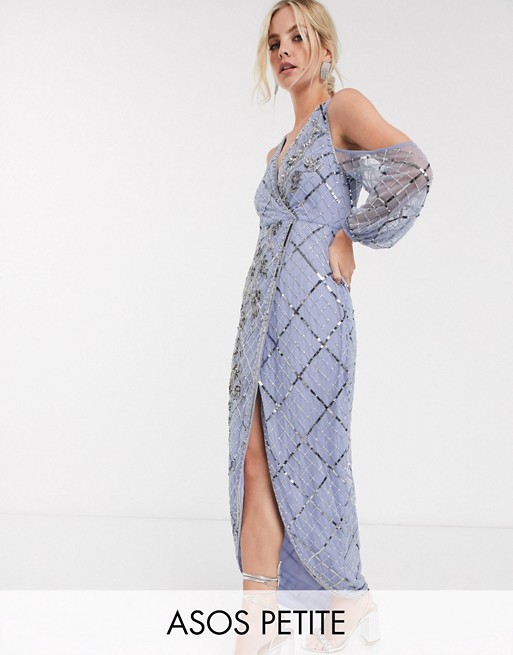 ASOS DESIGN Petite maxi dress in lattice and floral artwork embellishment with blouson sleeve