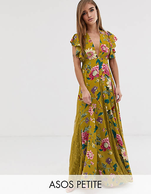 ASOS DESIGN Petite maxi dress with lace godets in mustard floral print ...