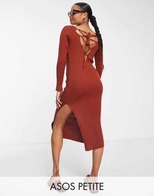 ASOS DESIGN Petite maxi dress with lace up back detail in brown