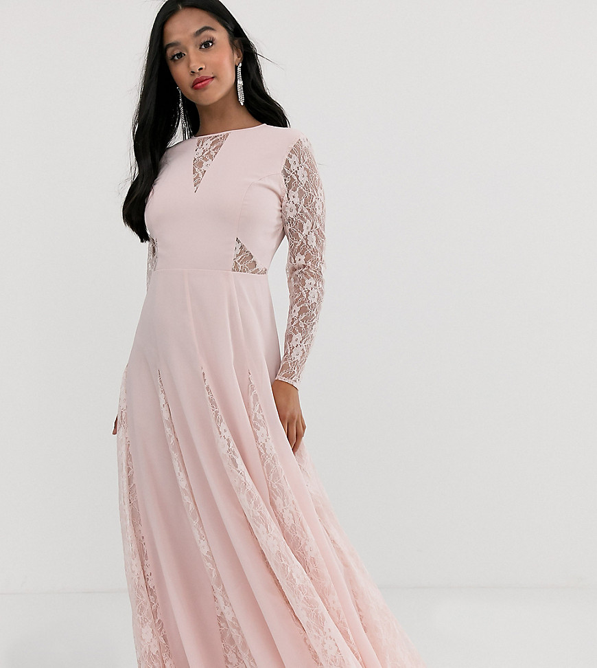 ASOS DESIGN Petite maxi dress with long sleeve and lace paneled bodice-Pink