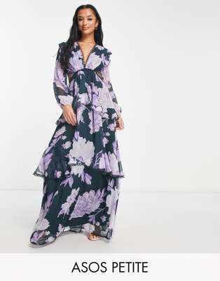 ASOS DESIGN Petite maxi dress with long sleeve with circle trim and embellishment in black based lilac floral print-Multi