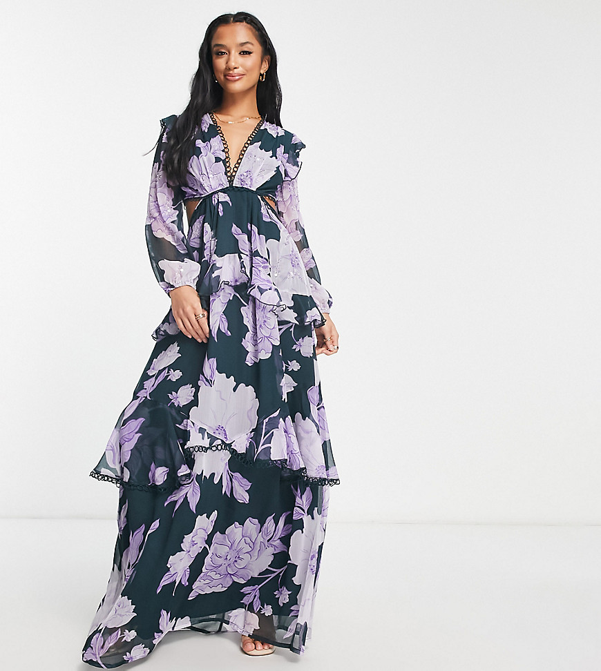 ASOS DESIGN Petite maxi dress with long sleeve with circle trim and embellishment in black based lilac floral print-Multi