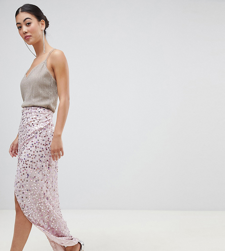 ASOS DESIGN Petite maxi embellished wrap skirt-Pink