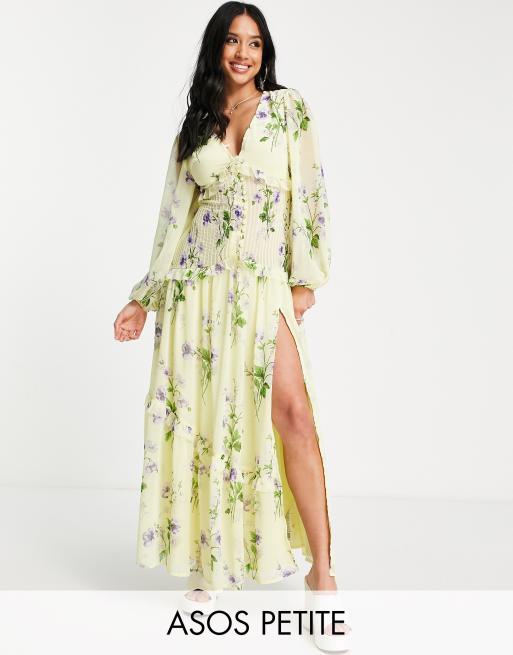 ASOS DESIGN Petite - Maxi jurk met knoopsluiting en platgestikte plooitjes in geel met bloemenprint