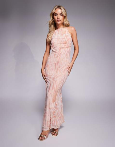 ASOS DESIGN Petite - Maxi jurk van mesh met halternek en bandjes aan de achterkant met afwerking in beigeroze bloemenprint - view 1