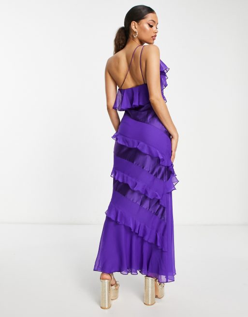 ASOS DESIGN Petite - Maxi jurk van satijn met schuine ruches in paars, 2 van 4