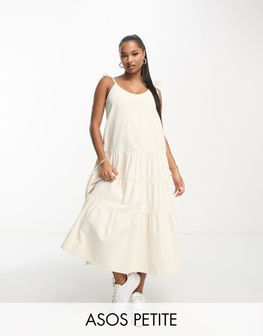 ASOS DESIGN Petite Maxi jurk van zacht denim met gestrikte bandjes in ecru