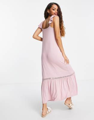 ASOS DESIGN Petite – Maxi-Sommerkleid in Rosé mit Spitzeneinsätzen und  Rüschenärmeln | ASOS