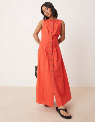 ASOS DESIGN Petite - Maxi-Westenkleid in leuchtendem Rot mit Knopfleiste und U-Boot-Ausschnitt