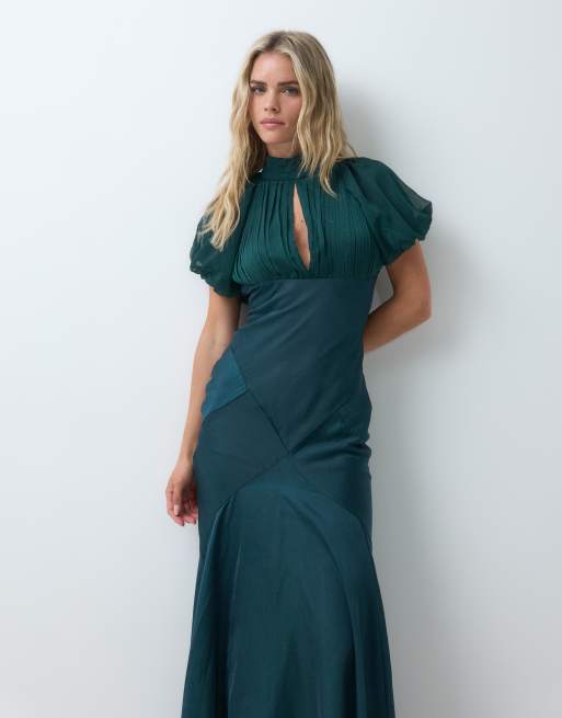 ASOS DESIGN Petite maxiklänning i satin- och chiffongmix med puffärm i blågrönt, 4 av 5