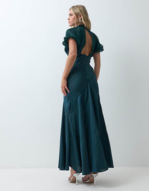ASOS DESIGN Petite maxiklänning i satin- och chiffongmix med puffärm i blågrönt, 5 av 5