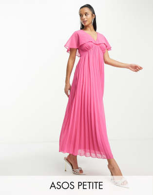 ASOS DESIGN Petite - Maxikleid in Hot Pink mit plissiertem Rock und Saum und Flügelärmeln-Rosa