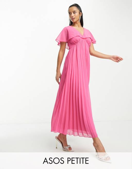 ASOS DESIGN Petite Maxikleid in Hot Pink mit plissiertem Rock und Saum und Flugelarmeln ASOS