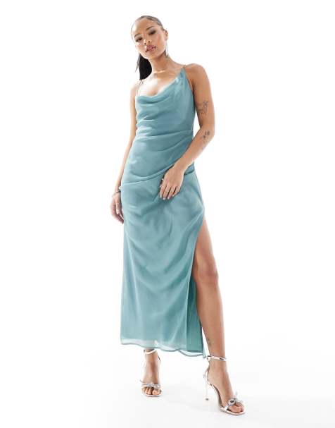 ASOS DESIGN Petite – Maxikleid in Meergrün mit drapiertem Rock, asymmetrischem Dekolleté und Schlitz - view 1