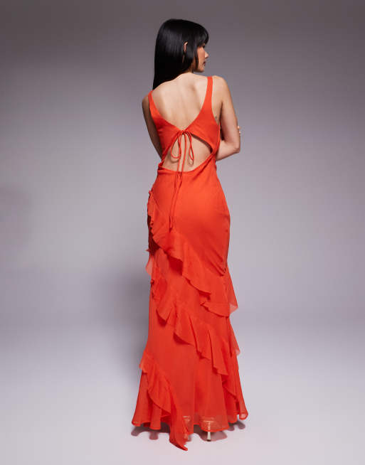 ASOS DESIGN Petite – Maxikleid in Orange mit U-Ausschnitt, Rüschenrock und Rückenausschnitt, 2 von 4