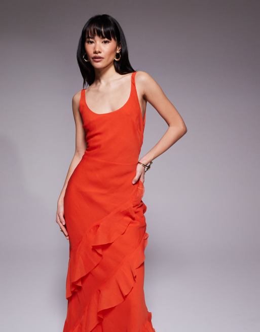 ASOS DESIGN Petite – Maxikleid in Orange mit U-Ausschnitt, Rüschenrock und Rückenausschnitt, 3 von 4