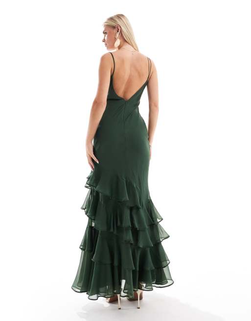 ASOS DESIGN Petite – Maxikleid in Tannengrün mit U-Ausschnitt, Bias-Cut und Rüschensaum, 2 von 4