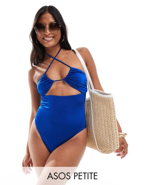 ASOS DESIGN Petite - Maya - Maillot 1 pièce froncé à dos nu et fente goutte d'eau - Bleu - view 1