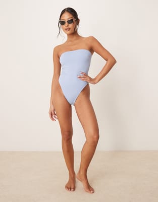 Shop Asos Petite Asos Design Petite Maya Sleek Bandeau Padded Swimsuit In Blue