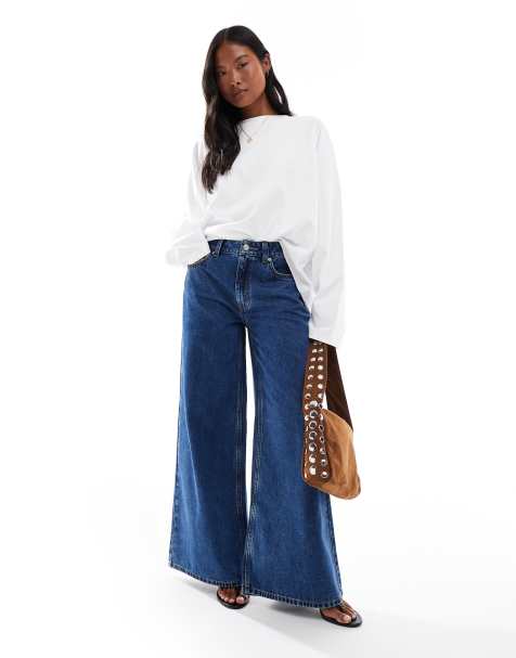 ASOS DESIGN Petite – Mellanblå jeans med hög midja och vida ben - view 1