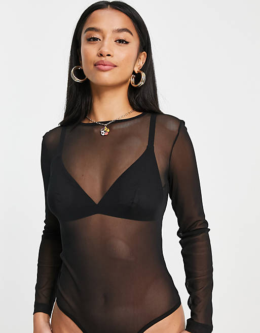 ASOS DESIGN Petite mesh bodysuit in black