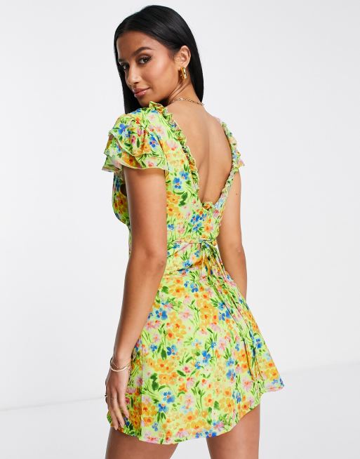 ASOS DESIGN Petite mesh mini tea dress with frill sleeve in lime