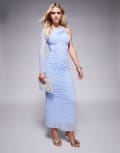 [ASOS Petite] ASOS DESIGN Petite mesh one sleeve asymmetric midi dress with channelled strap detail in pale blue 10 Blue