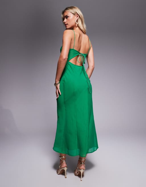 ASOS DESIGN Petite mesh panelled chiffon bias midaxi dress in green, 3 of 4