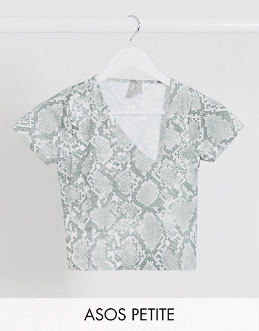 ASOS DESIGN Petite mesh top with asymetrical neck line in snake print