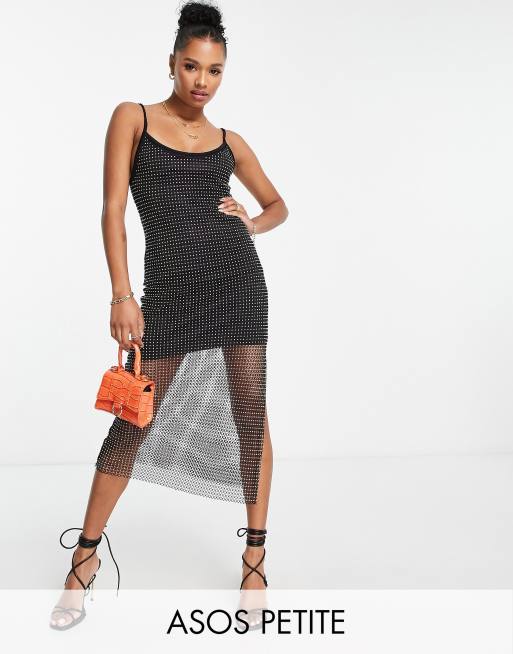 ASOS DESIGN Petite - Met diamantjes bedekte midi-jurk met smalle bandjes in zwart