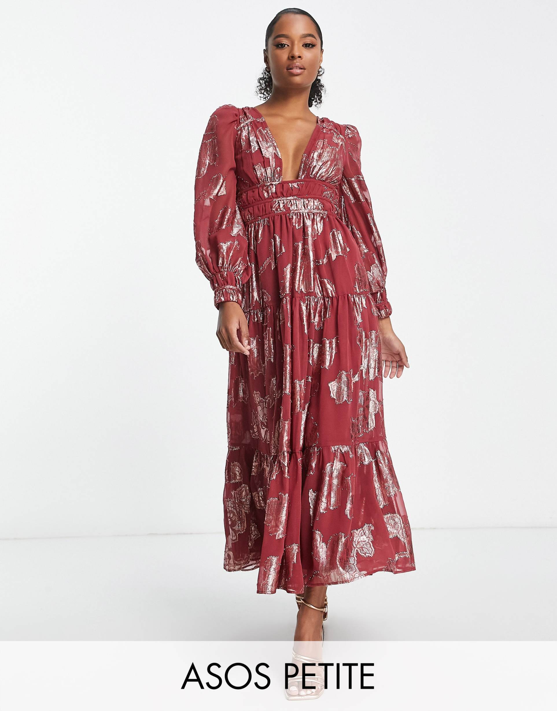 asos design petite metallic channel detail midi dress with puff sleeves and tie back detail in red