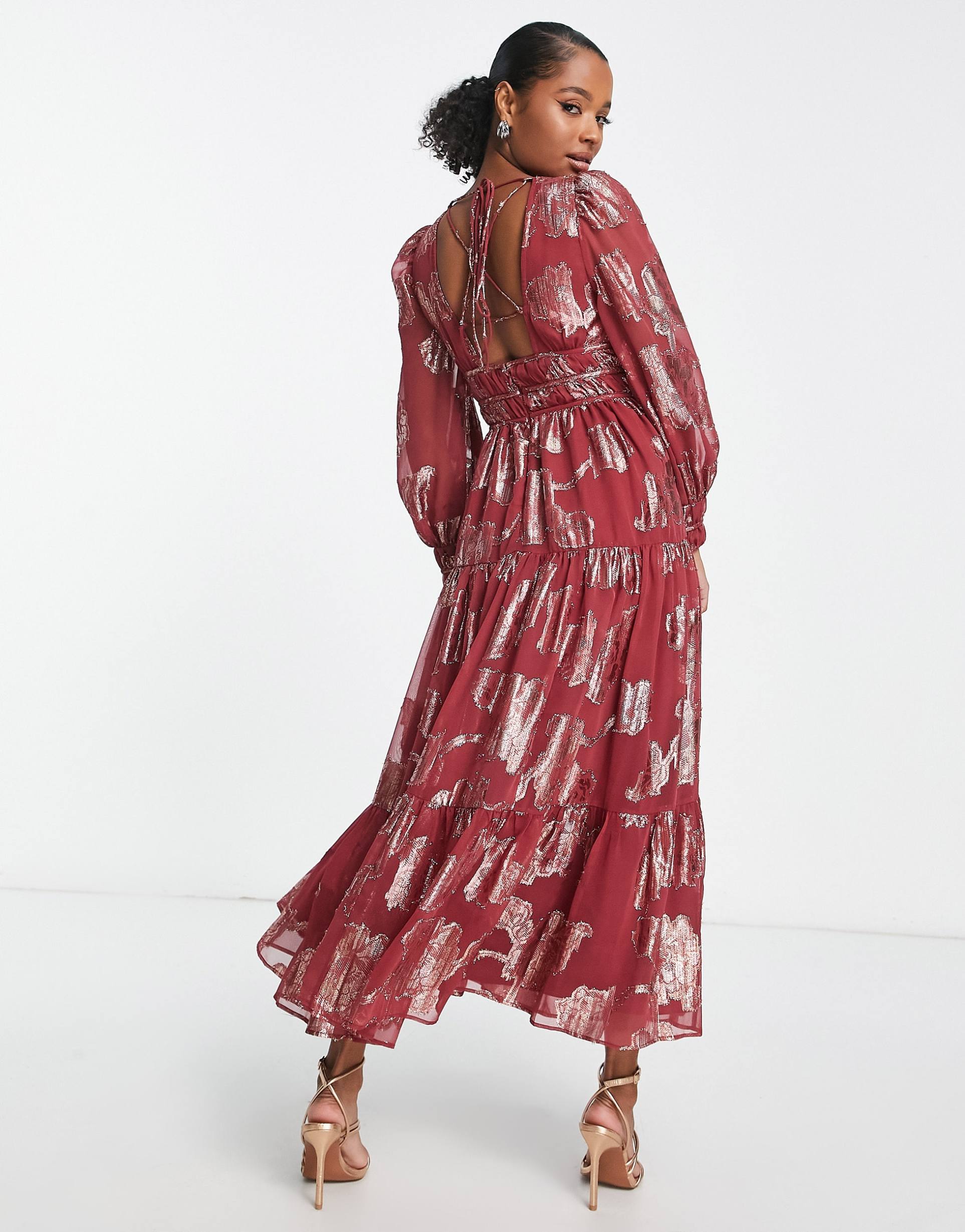 asos design petite metallic channel detail midi dress with puff sleeves and tie back detail in red