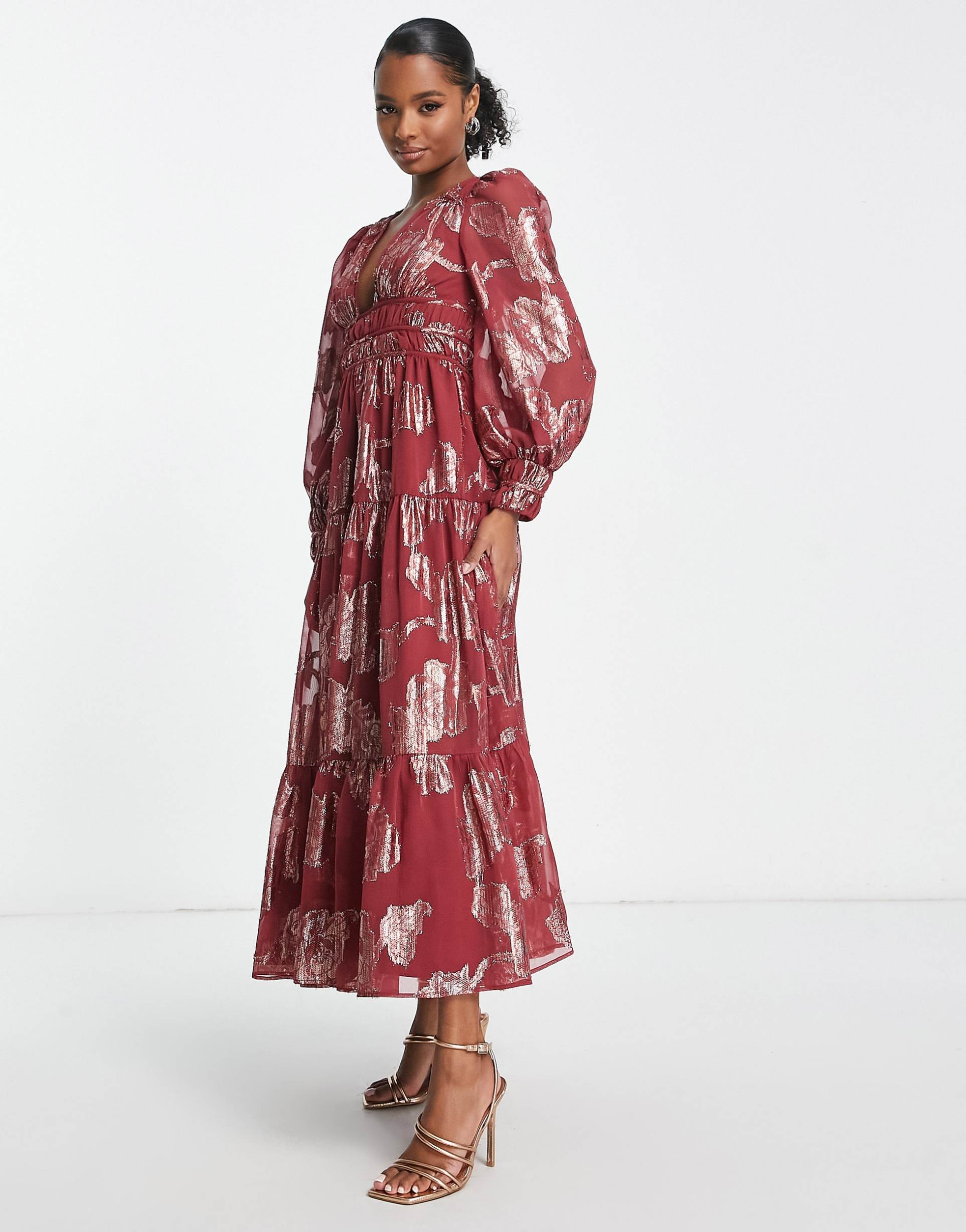 asos design petite metallic channel detail midi dress with puff sleeves and tie back detail in red