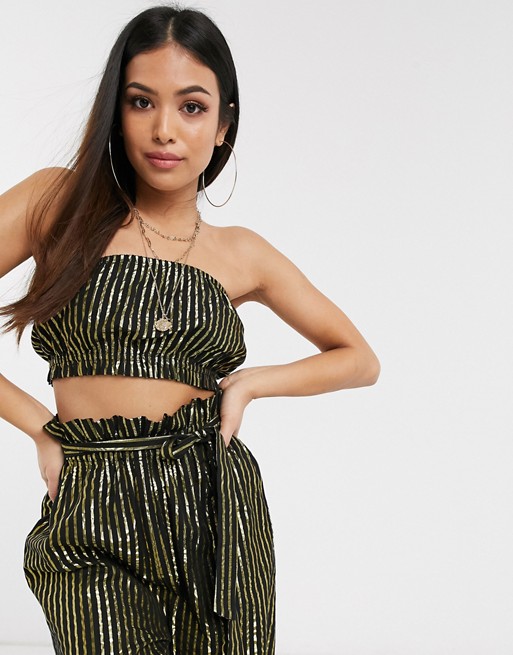 ASOS DESIGN petite metallic tie back bandeau beach top co-ord in black and gold