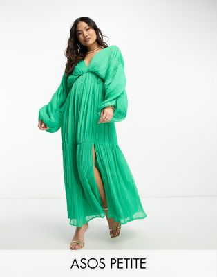 Asos Petite Asos Design Petite Micro Pleated Batwing Trapeze Maxi Dress In Bright Green