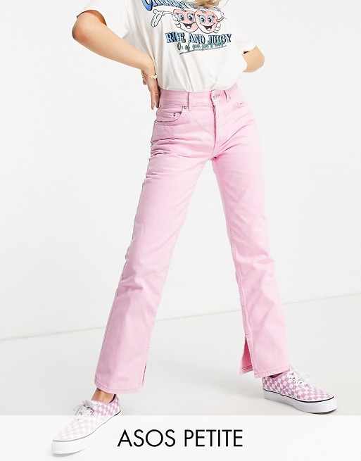 ASOS DESIGN Petite mid rise '90s' straight leg jeans in hot pink with split hem