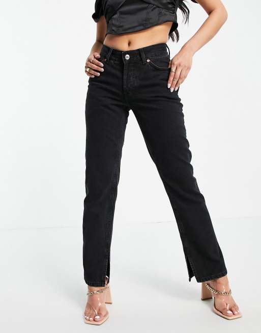 ASOS DESIGN Petite mid rise '90s' straight leg jeans in washed black with  split hem - BLACK