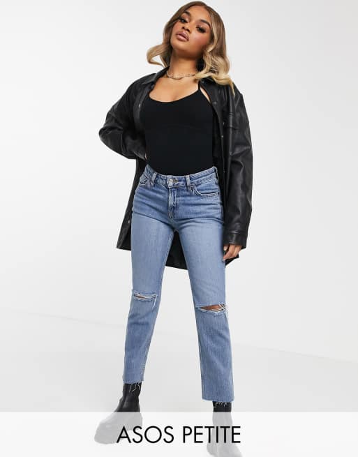 ASOS DESIGN Petite mid rise vintage 'skinny' jeans in midwash with rips