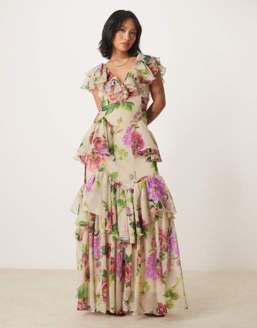 ASOS DESIGN Petite - Midaxi jurk met lage ronde hals, stroken, ruches en fladdermouwen in lila bloemenprint