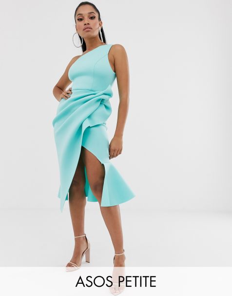 ASOS DESIGN Petite – Midi-Bleistiftkleid mit One-Shoulder-Träger und Schößchen
